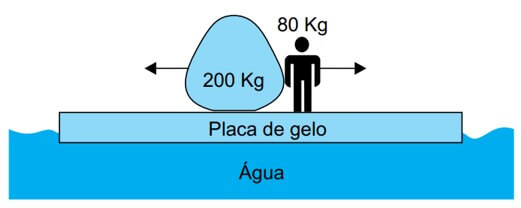 pessoa e um bloco, de 80 kg e 200 kg, respectivamente, estão posicionados no centro de uma placa de gelo uniforme e em equilíbrio, que flutua sobre a água parada e calma de um lago