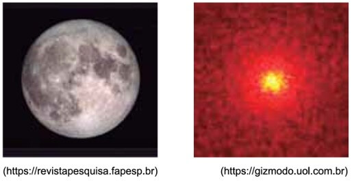 A figura da esquerda mostra uma imagem da Lua obtida na faixa da luz visível e, a da direita, obtida na faixa dos raios gama.